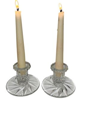 Vintage pinwheel crystal candle holders 
distinct starburst pattern on the base